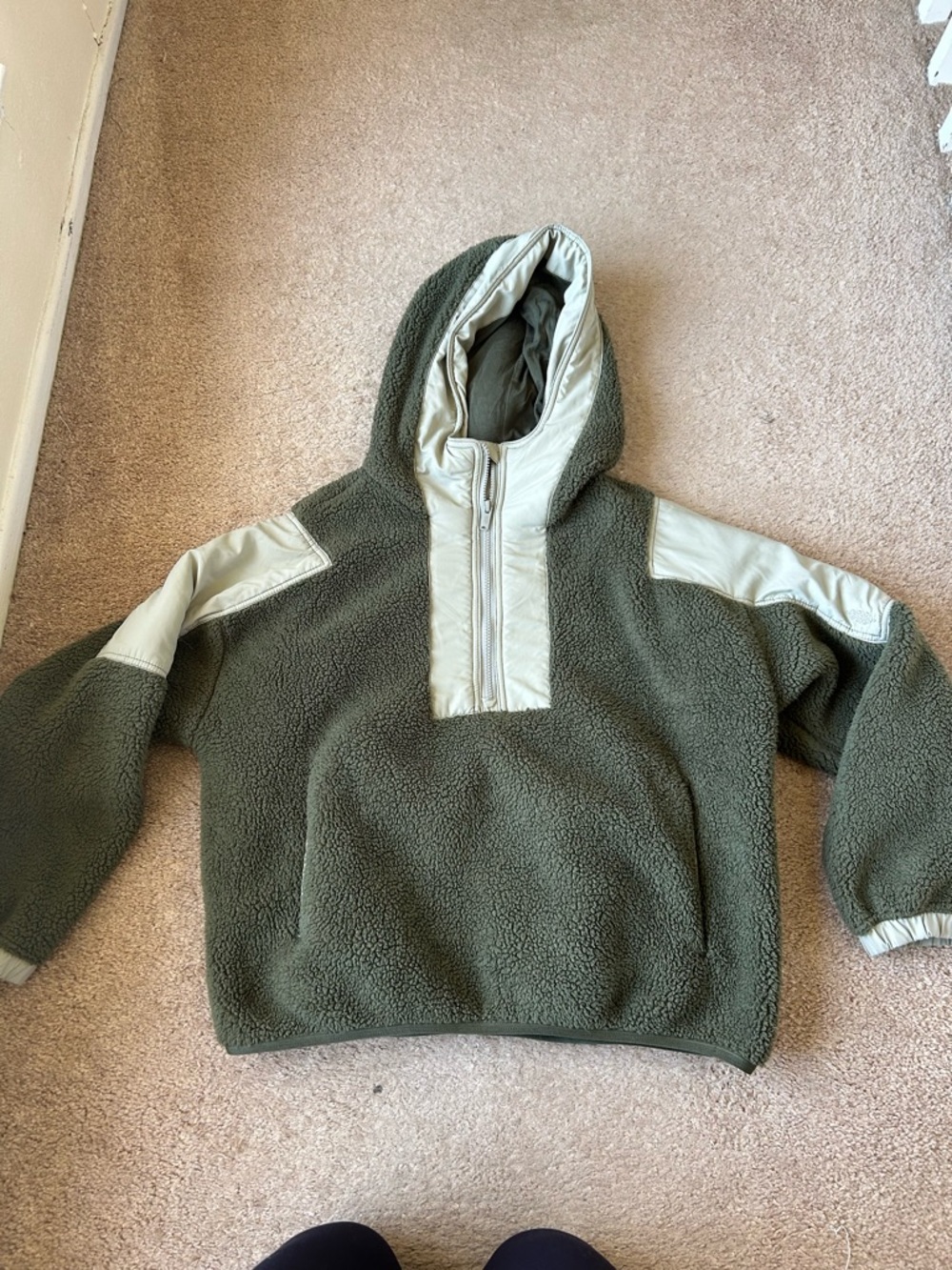 Free People Olive Green Sherpa Half-Zip Hoodie with Cream Trim